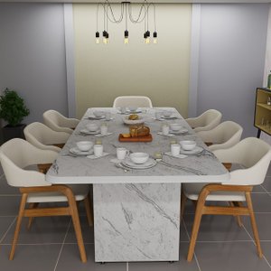 Mesa de Jantar 220x90 em Mdf com Tampo Marmorizado e Base Pérola Design Moderno e Elegante