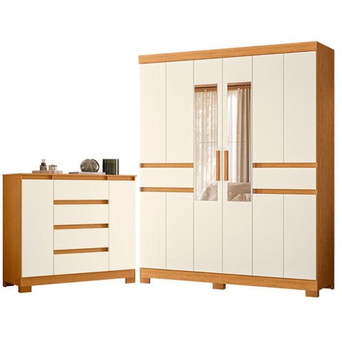 Guarda Roupa Casal Olimpia 10 Portas com Espelho e Cômoda Sapateira Atena Cinamomo Off White - Mó