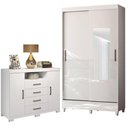 Ver imagem 1 de Guarda Roupa Solteiro 2 Portas de Correr com Espelho e Pés e Cômoda Havana Master com Pés Branco Bri