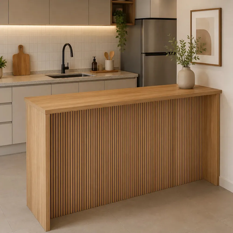 Bancada para Cozinha Ilha Gourmet com Painel Ripado 200cm MDF Nature - Nesher