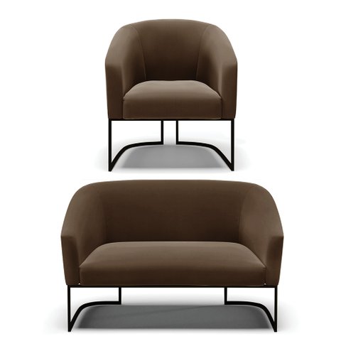 Sofá Namoradeira e Poltrona Base Industrial Preto Stella Suede Marrom D03 - D'Rossi