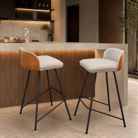Kit 2 Banqueta Nobre Luxo Alta Área Gourmet Base de Aço Bancada Cozinha:Bege/Preto