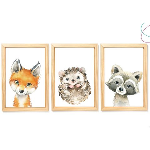 3 Quadros Decorativos Animais do Bosque Raposa Aquarela:pinus