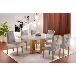 Conjunto Sala de Jantar 6 Lugares Mesa e Cadeiras Madeira Maciça e Tampo com Vidro - 1