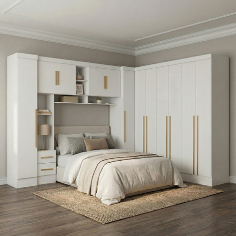 Guarda Roupa Casal Modulado 4 Peças 12 Portas 5 Gavetas com Cabeceira 100% MDF Smart Branco