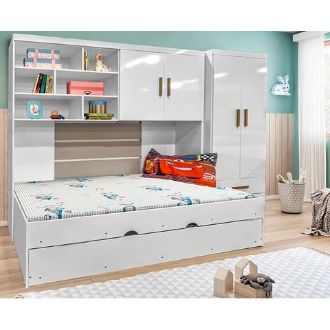 Quarto Modulado Infantil Eloa Guarda Roupa Modulo Aereo Cama e Cama Auxiliar Branco - Phoenix Baby
