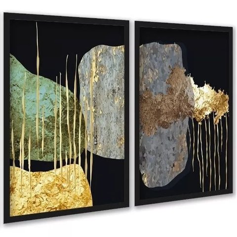 Kit 2 Quadros Decorativos Abstratos Contemporâneos 45x34cm - com Vidro:moldura Preta