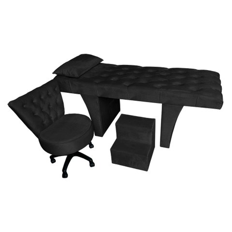 Kit Maca Estética Capitonê com Mocho e Escadinha 70 Cm Marrom Slk Decor Reta Preto