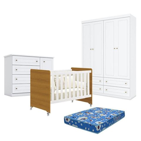 Quarto de Bebê Americano 4 Portas com Berço Americano Evolution 4 em 1 Branco Acetinado Savana Relle