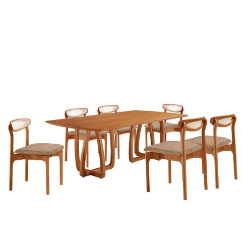 Sala de Jantar Mesa Flora 180cm Tampo Laminado Barril e 6 Cadeiras Noronha Premium Moderna Mobília