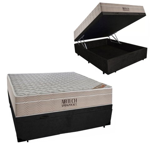 Cama Box Baú Casal + Colchão De Molas Ensacadas Airtech 73X138X188:Preto