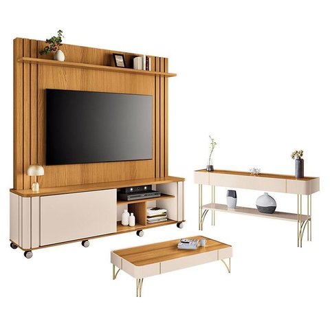 Estante Home Theater Trinus Cinamomo Off White com Mesa de Centro Cadenza e Aparador Vivant Off