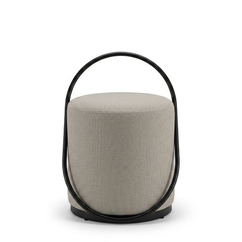 Puff Banqueta Decorativo com Base de Metal Ferro e Tecido em Linho Bege Cinza - Bege/Preto