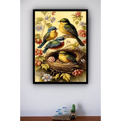 Quadro Decorativo Pássaros Ninho Flores - 70x50cm:moldura Branca