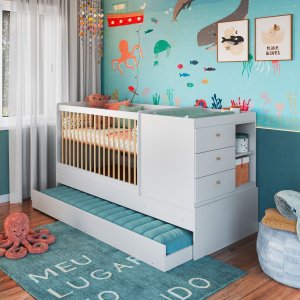 Berço Cama com Cômoda e Cama Auxiliar Branco Completa Móveis