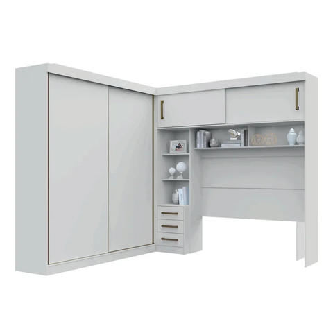 Guarda Roupa Casal Sparta com Cabeceira Queen sem Espelho 4 Portas de Correr 3 Gavetas Leifer Branco