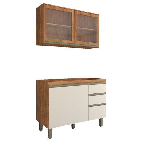 Cozinha Compacta Modulada 4 Portas 3 Gavetas com Vidro Freijó/off White - Panorama Móveis