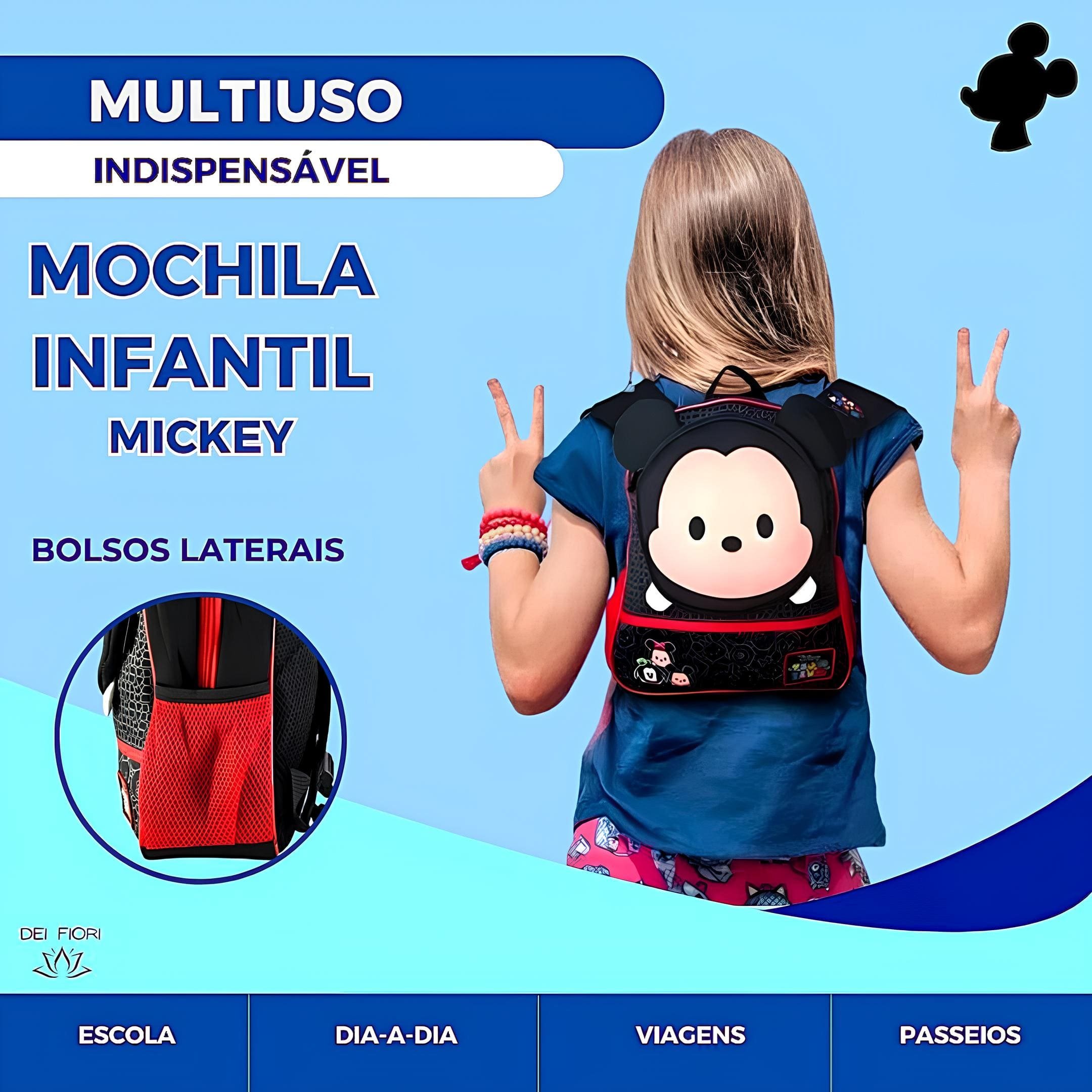 Mochila Infantil Alças Ajustaveis Mickey Disney Escolar Acolchoada Leve Resistente Espaçosa Bolsos - 5