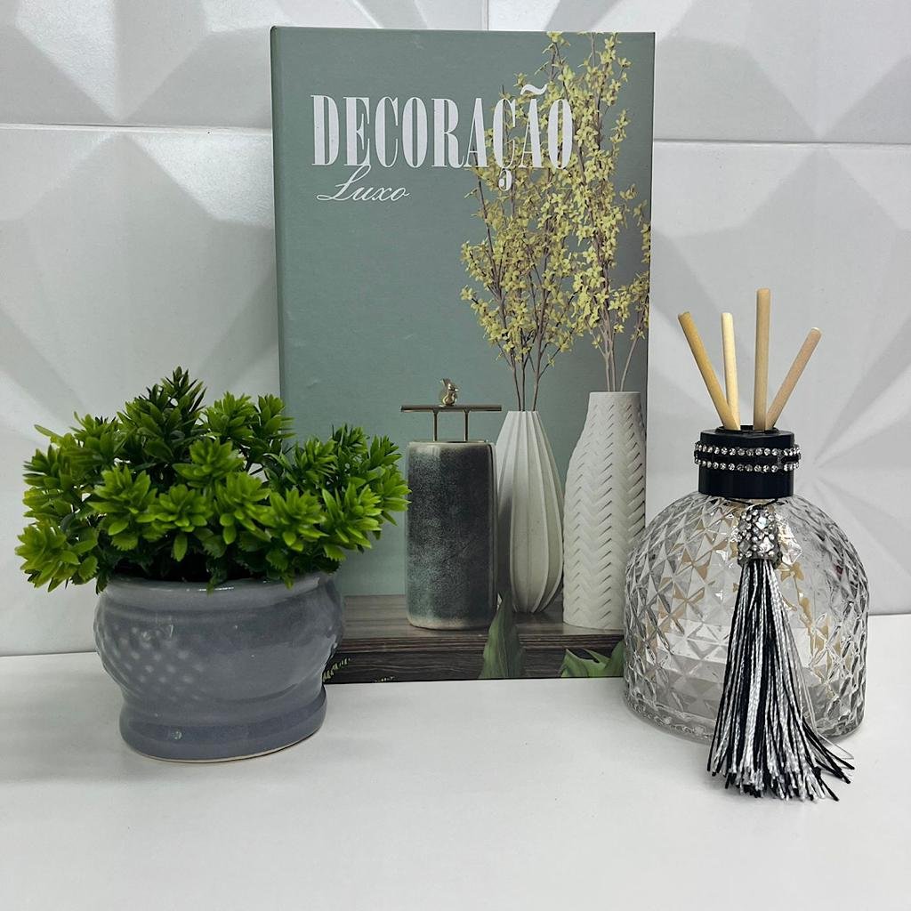 Kit livro Decoração Luxo + vaso cinza + difusor de vidro - 2