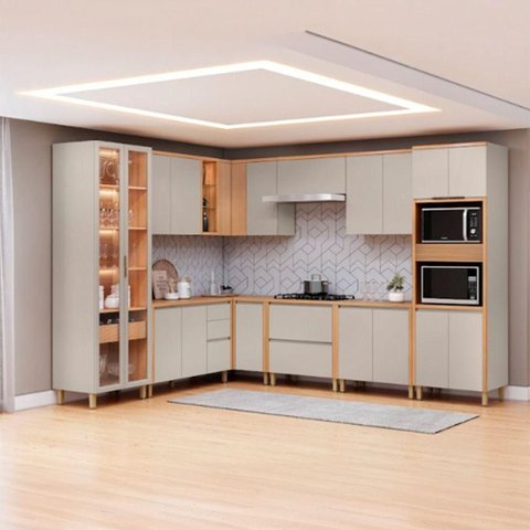 Cozinha Modulada Alluere 20 Portas 4 Gavetas MDF Amadeirado e Cinza Linea Brasil