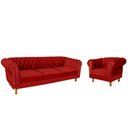 Ver imagem 1 de Um Sofá Duque Chesterfield 2.30 + Uma Poltrona Suede Vermelho - Sala Recepção Barbearia