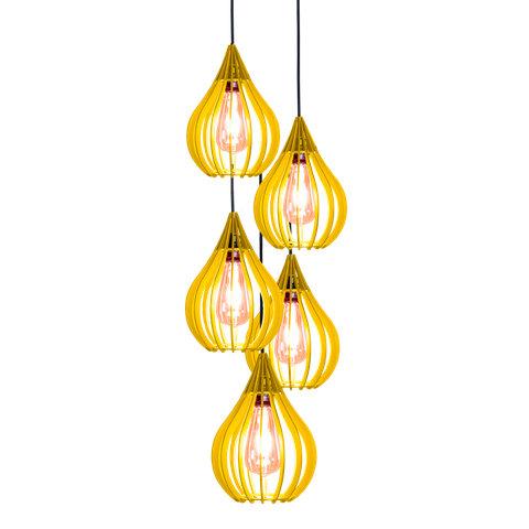 Combo 5 Pendentes Chile, Luminária de Teto Cozinha e Sala, Lustre Gota Rústico em Madeira MDF (18x25