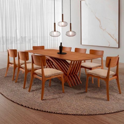 Conjunto de Jantar Venus 8 Lugares Tampo em Madeira com Cadeiras Viena Gold Imbuia 220cm Moderna