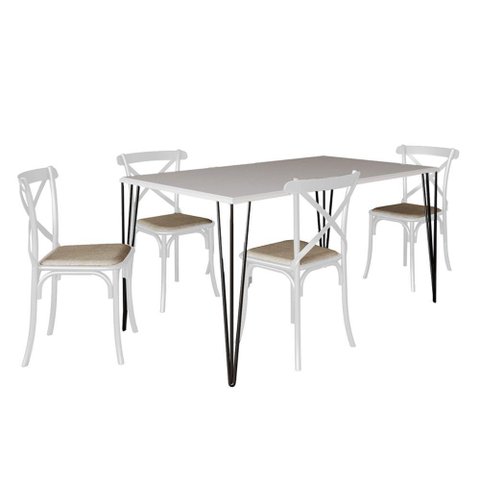Conjunto de Mesa Elen Retangular Tampo de Madeira 140x80cm Branco com 4 Cadeiras Katrina Branca