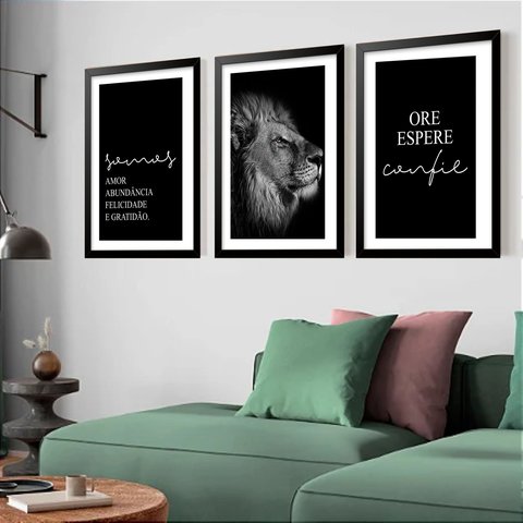 Kit 3 Quadros Grandes Leão Ore Espere Confie 60x48cm:moldura Preta