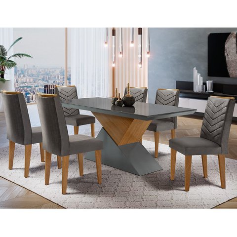 Mesa Aster 180 Tampo em MDF e Vidro com 6 Cadeiras Liz Moderna