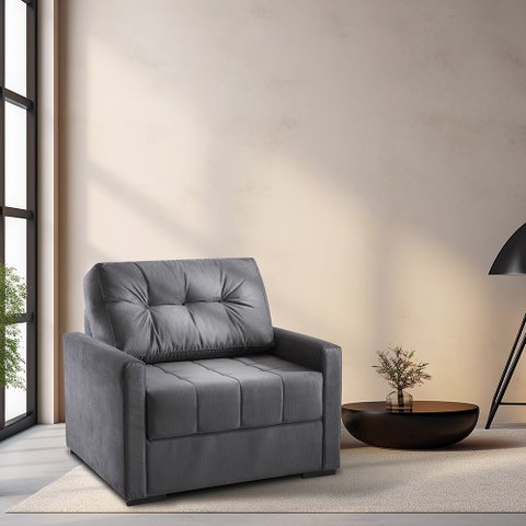 Sofá Cama 100cm Retrátil Reclinável Veludo Cinza Murilo Pés Madeira