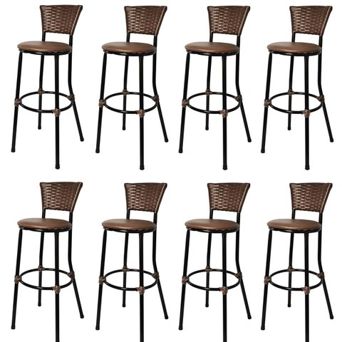 Kit 8 Banquetas Alta Encosto Junco Café Assento Marrom