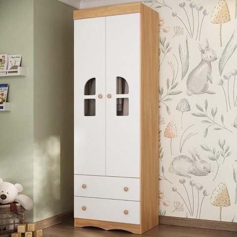 Guarda-roupa Infantil 62cm 2 Portas com Vidro e 2 Gavetas Liz Multimóveis Mp4512 Madeirado/branco
