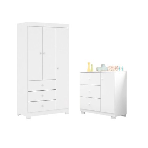Conjunto Infantil Guarda Roupa 3 Portas e Cômoda Ceci 100% Mdf Branco Brilho - Sallar Home