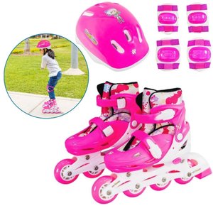Patins Infantil Roller In Line 4 Rodas 31 a 34 Criança Ajustável Abec-7 com Kit de Proteção Freio Tr