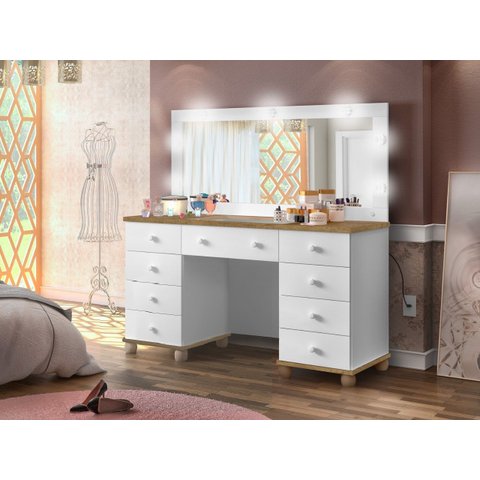 Penteadeira Lx Camarim 9 Gavetas Branco com Detalhes Amendoa com LED e Espelho