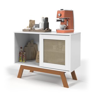 Buffet Aparador Porta de Correr Rattan Pés Madeira Branco