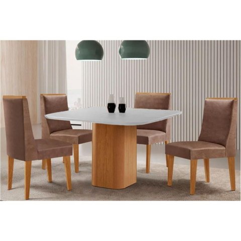 Conjunto: Mesa de Cozinha Maldivas Tampo c/ Vidro Curvo 90cm+4 Cadeiras Dakota Madeira Naturale/Off