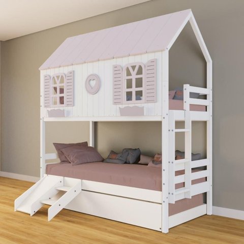 Treliche Casinha Bela com Coração Kit Escada/escorregador - Madeira Maciça Branco/rosa | Housin