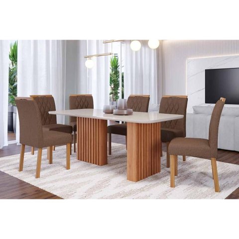 Conjunto: Mesa Sala Jantar Ester Tampo Madeirado C/ Vidro 180x90cm e 6 Cadeiras Juliana Cinamomo/off