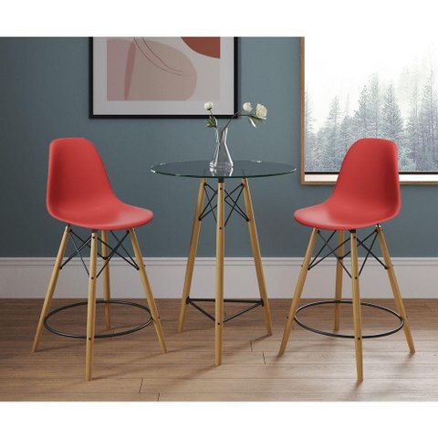 Mesa Bistrô Eames Eiffel Vidro com 2 Banquetas Vermelhas de Madeira