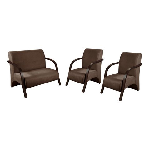 Conjunto Sevilha Namoradeira + 2 Poltronas Decorativa Braço De Madeira Recepção Sala - Veludo Marrom