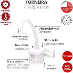 Torneira Elétrica Plus para Cozinha de Parede Bica Alta 4 Temperaturas Branca 5500w / 220v Durín - 2
