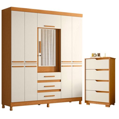 Guarda Roupa Casal New Fusion 10 Portas e Cômoda Sole Flex Cinamomo Off White - Móveis Albatroz