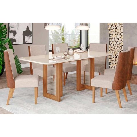 Conjunto Mesa Sala Jantar Yara com Tampo Madeirado com Vidro Curvo 200x90cm e 6 Cadeiras Anne Nature