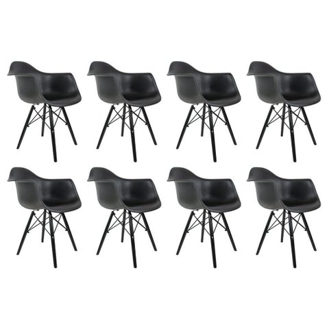 Conjunto 8 Cadeiras Eames com Braço Preta Pés em Polipropileno Preto
