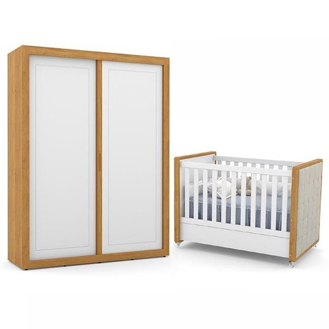 Jogo de Quarto Infantil Guarda Roupa 2 Portas de Correr e Berço com Capitonê Tutto New Branco Soft/f