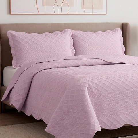 Kit Cobre Leito Mosaico Queen Percal 300 Fios Colcha Matelassê Alto Relevo 3 Peças Lavanda