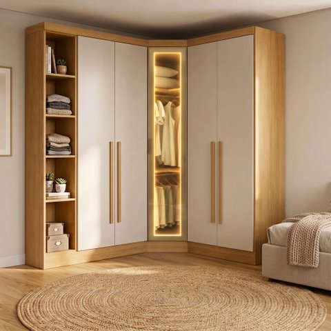 Guarda-Roupa Modulado de Canto Oblíquo Reflecta com LED 5 Portas e Cantoneira 100% MDF Cairo