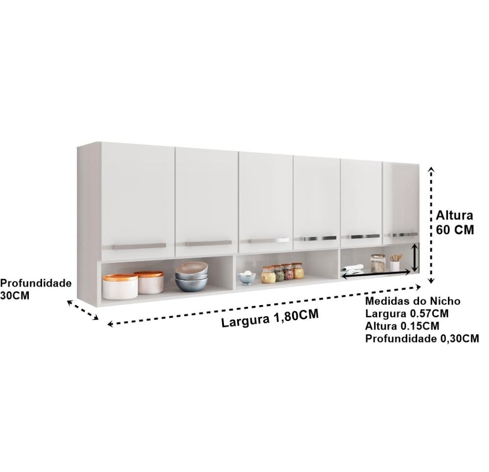 Armario Aereo de Parede 6 Portas Branco Suriname Casa Moderna - 2